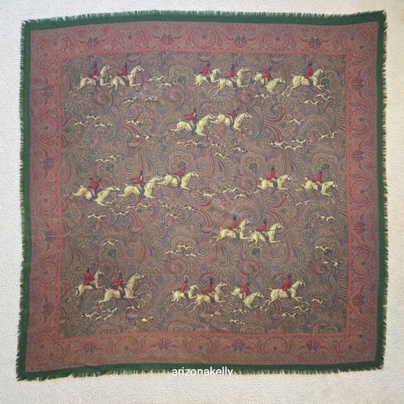 Vintage Ralph Lauren LARGE Wool Square Scarf Shawl Wrap Equestrian Hunting Dogs - Picture 15 of 16